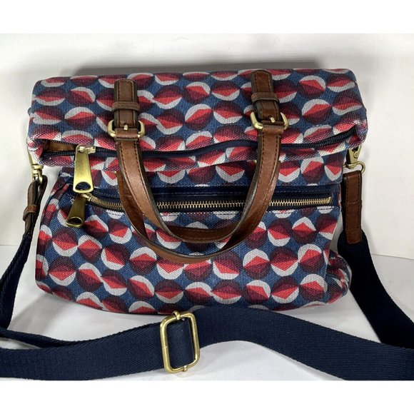 Fossil Explorer Geometric Fabric with Leather Trim Crossbody Shoulder Bag - Picture 3 of 12